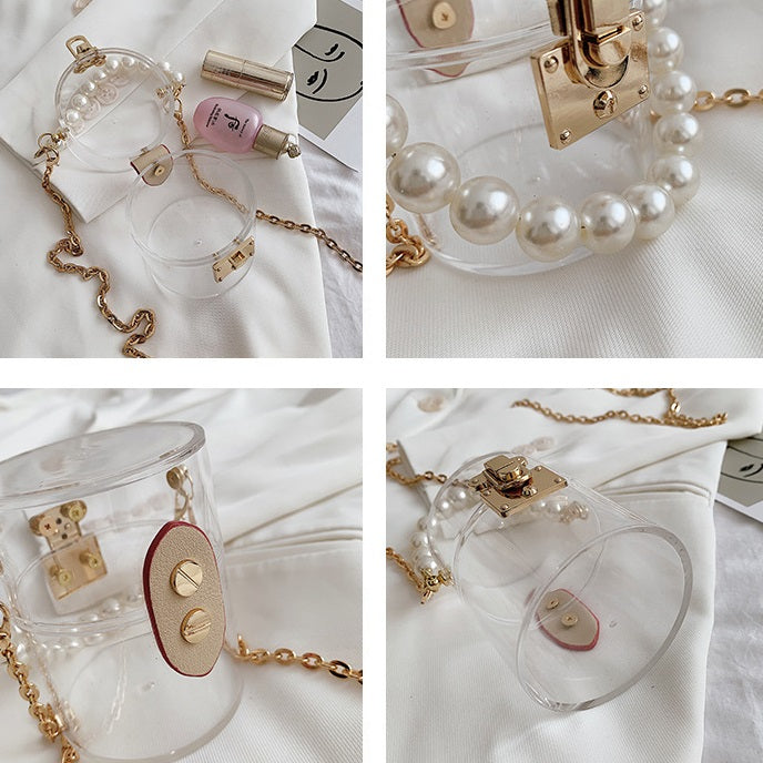 Faux Pearl Cylindrical Transparent Acrylic Mini Chain Bags - ÈquilibreFashions