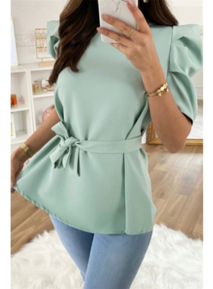new stylish solid color puffed sleeve fit slim chiffon casual top (with belt) - ÈquilibreFashions