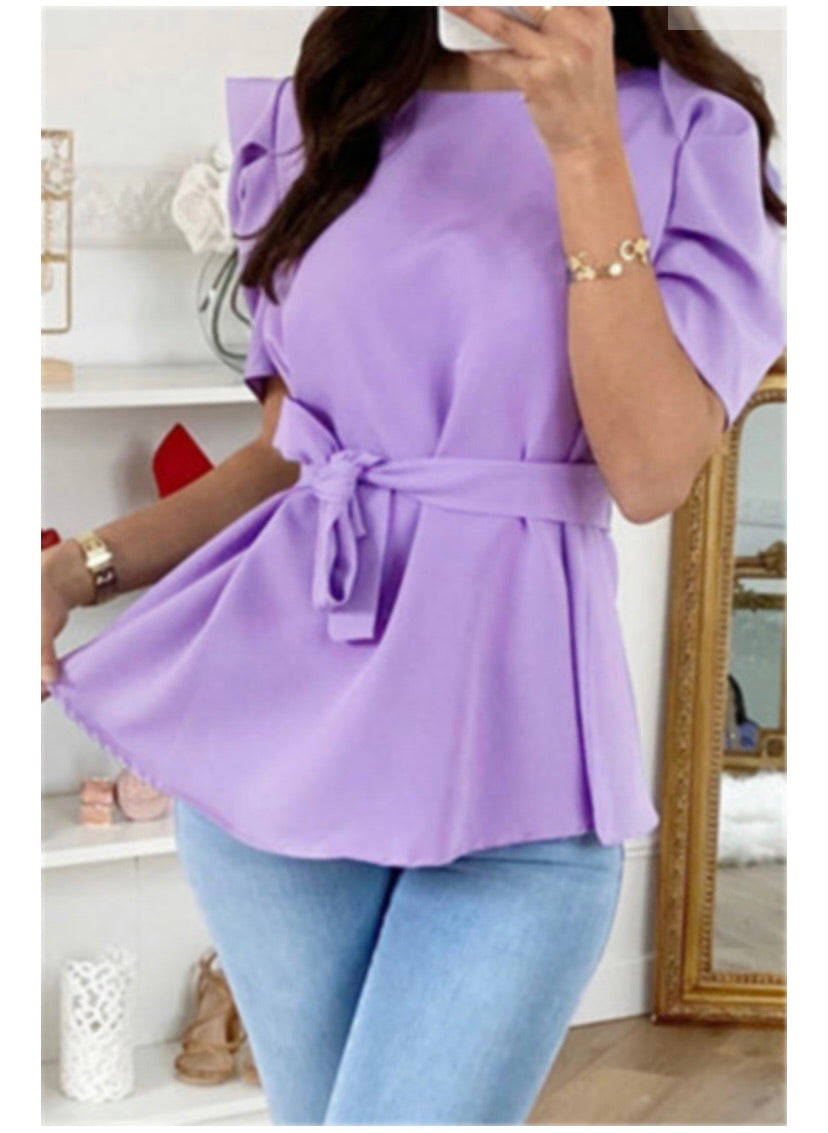 new stylish solid color puffed sleeve fit slim chiffon casual top (with belt) - ÈquilibreFashions