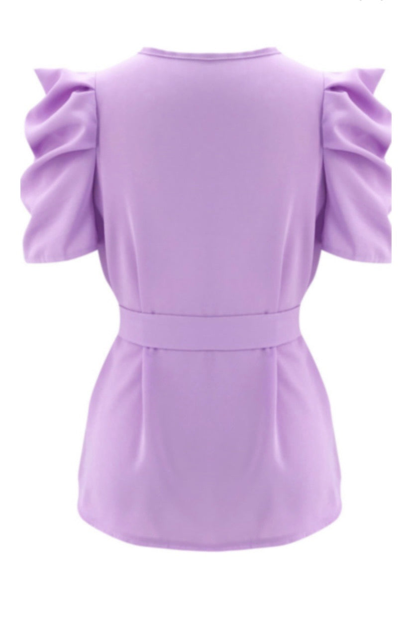 new stylish solid color puffed sleeve fit slim chiffon casual top (with belt) - ÈquilibreFashions