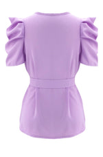 Load image into Gallery viewer, new stylish solid color puffed sleeve fit slim chiffon casual top (with belt) - ÈquilibreFashions
