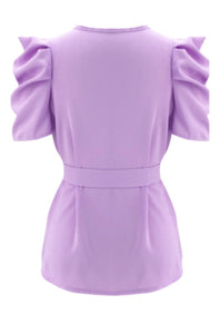 new stylish solid color puffed sleeve fit slim chiffon casual top (with belt) - ÈquilibreFashions