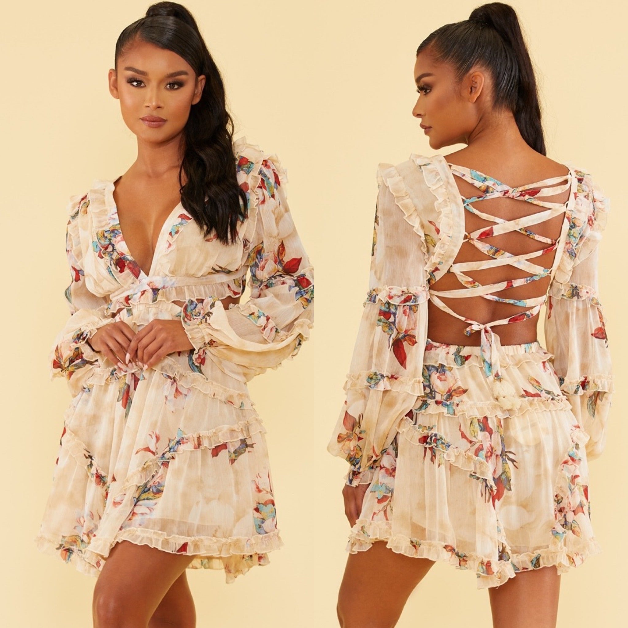 Ivory Multi Faded Floral Ruffle Tie Back Mini Dress - ÈquilibreFashions