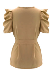 new stylish solid color puffed sleeve fit slim chiffon casual top (with belt) - ÈquilibreFashions