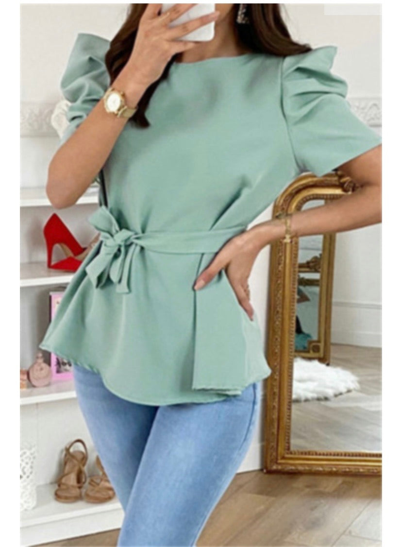new stylish solid color puffed sleeve fit slim chiffon casual top (with belt) - ÈquilibreFashions