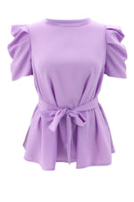 Load image into Gallery viewer, new stylish solid color puffed sleeve fit slim chiffon casual top (with belt) - ÈquilibreFashions
