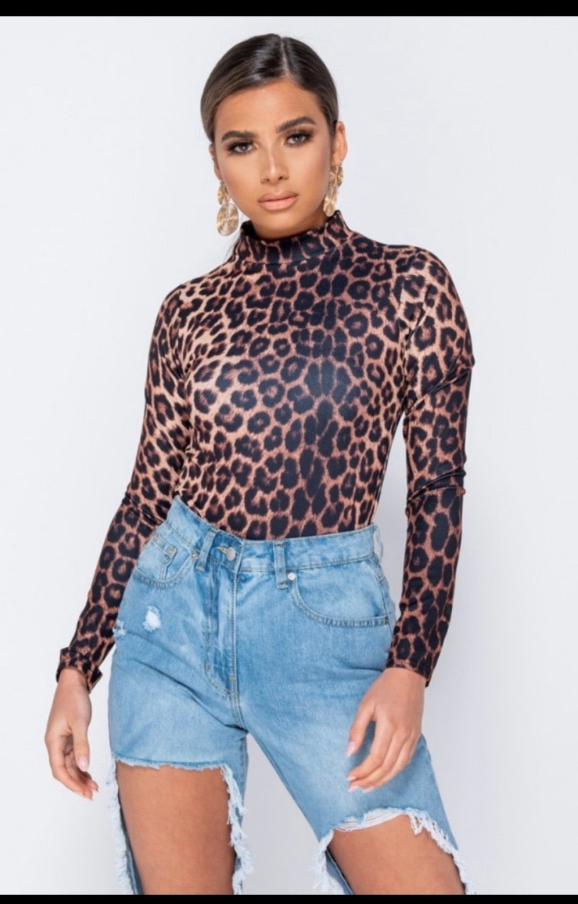 Leopard Print High Neck Long Sleeve Bodysuit - ÈquilibreFashions