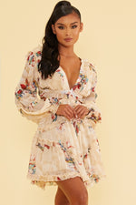 Load image into Gallery viewer, Ivory Multi Faded Floral Ruffle Tie Back Mini Dress - ÈquilibreFashions
