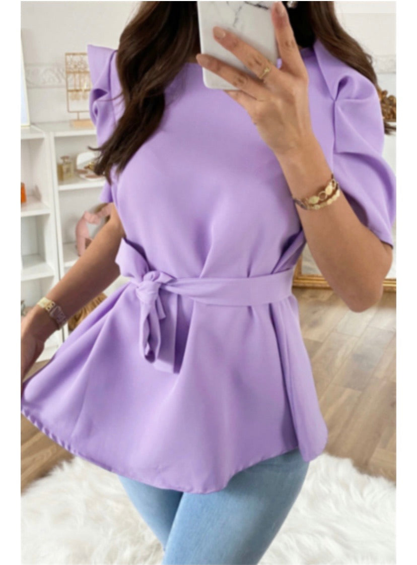 new stylish solid color puffed sleeve fit slim chiffon casual top (with belt) - ÈquilibreFashions