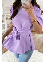 Load image into Gallery viewer, new stylish solid color puffed sleeve fit slim chiffon casual top (with belt) - ÈquilibreFashions
