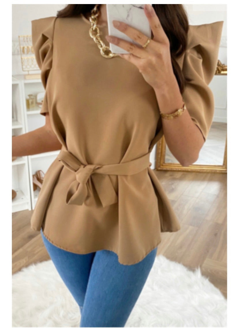 new stylish solid color puffed sleeve fit slim chiffon casual top (with belt) - ÈquilibreFashions