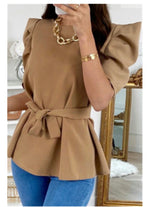 Load image into Gallery viewer, new stylish solid color puffed sleeve fit slim chiffon casual top (with belt) - ÈquilibreFashions
