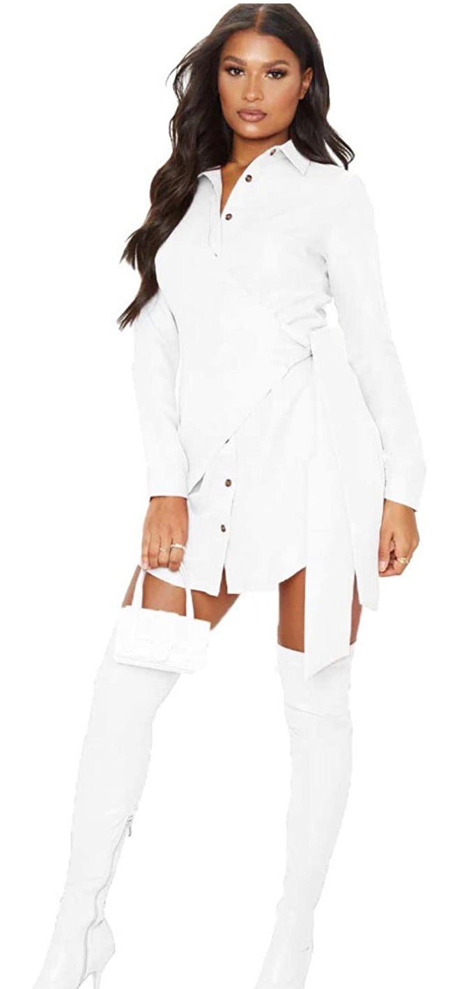 Women's Button Down Shirt Dress Long Sleeve Blouse Drawstring Pencil Skirt Business Office Dress - ÈquilibreFashions