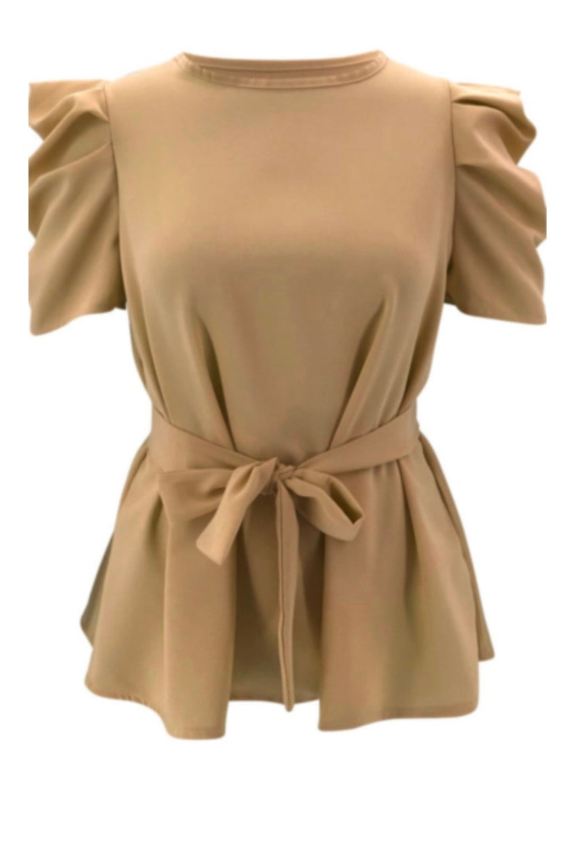 new stylish solid color puffed sleeve fit slim chiffon casual top (with belt) - ÈquilibreFashions