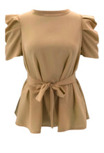 Load image into Gallery viewer, new stylish solid color puffed sleeve fit slim chiffon casual top (with belt) - ÈquilibreFashions
