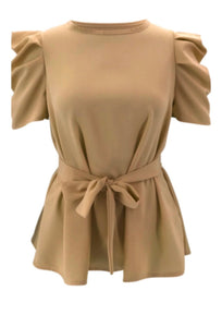 new stylish solid color puffed sleeve fit slim chiffon casual top (with belt) - ÈquilibreFashions